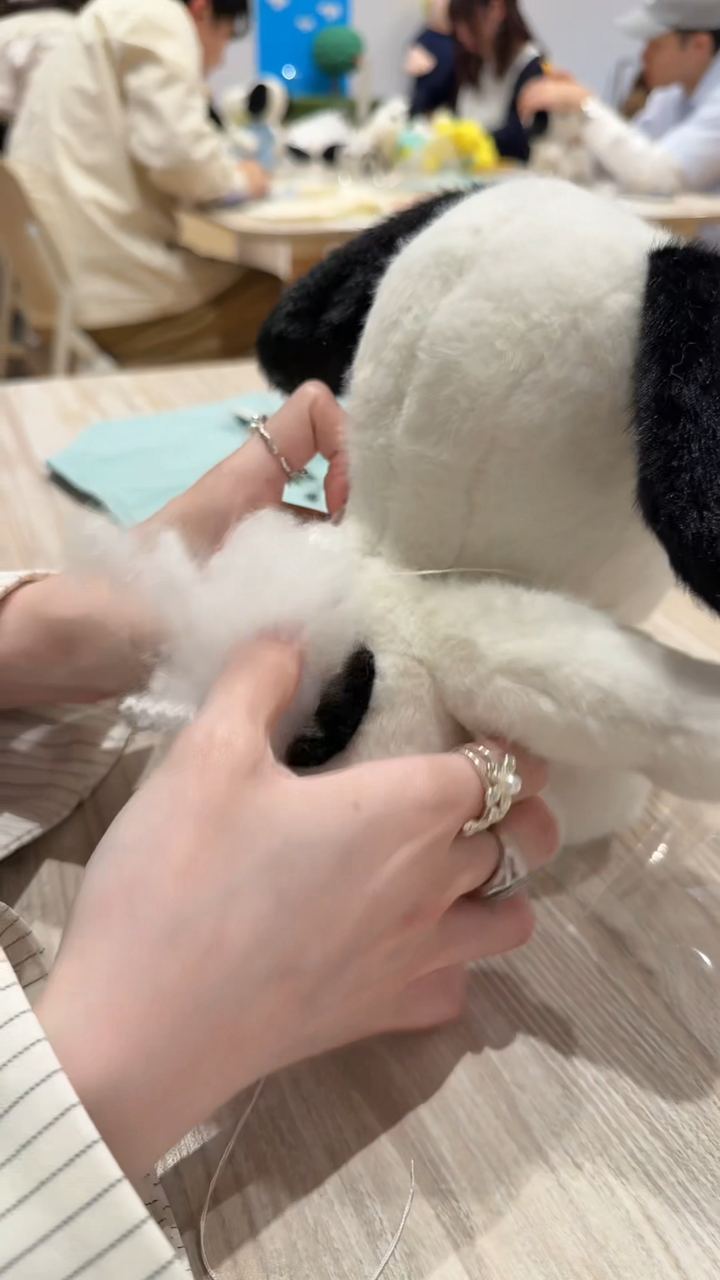 回到座位開始把棉花填進史努比的身體