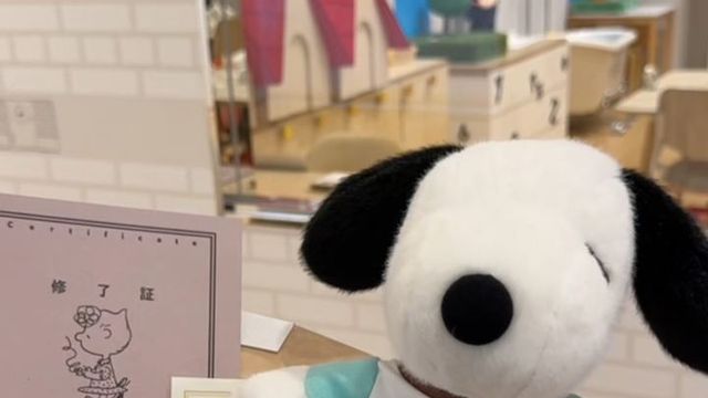 完成的史努比玩偶，T 恤上印著名字與日期